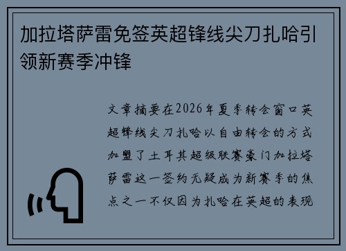 加拉塔萨雷免签英超锋线尖刀扎哈引领新赛季冲锋 加拉塔萨雷免签英超锋线尖刀扎哈引领新赛季冲锋