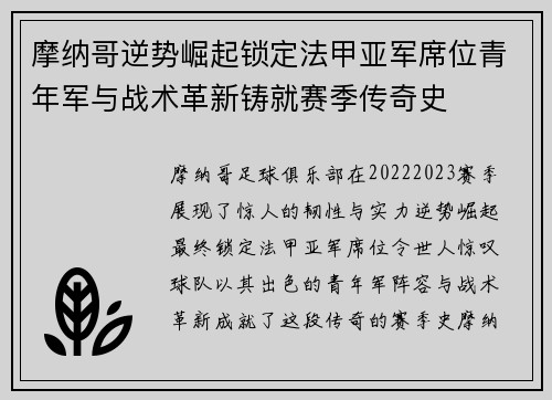 摩纳哥逆势崛起锁定法甲亚军席位青年军与战术革新铸就赛季传奇史 摩纳哥逆势崛起锁定法甲亚军席位青年军与战术革新铸就赛季传奇史
